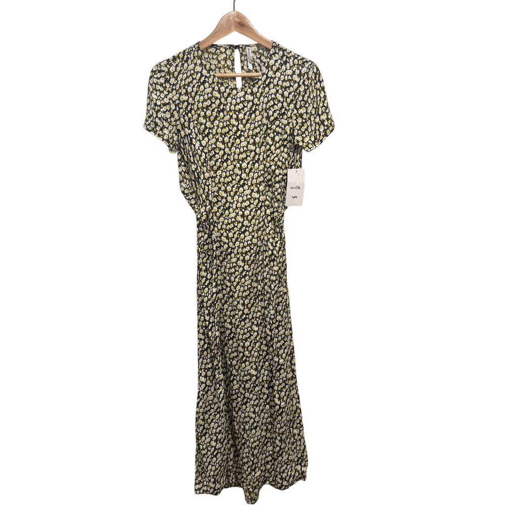 RVCA Dreamscape Floral Midi Dress Women’s Small Black Yellow Tie Back Viscose